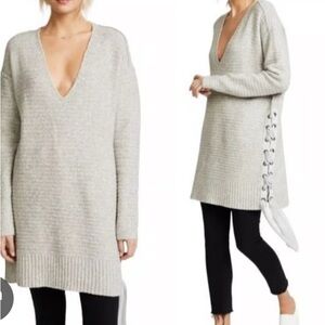 FREE PEOPLEOversize S Heart It Laces Thermal Sweater Tunic Mini Dress Grey